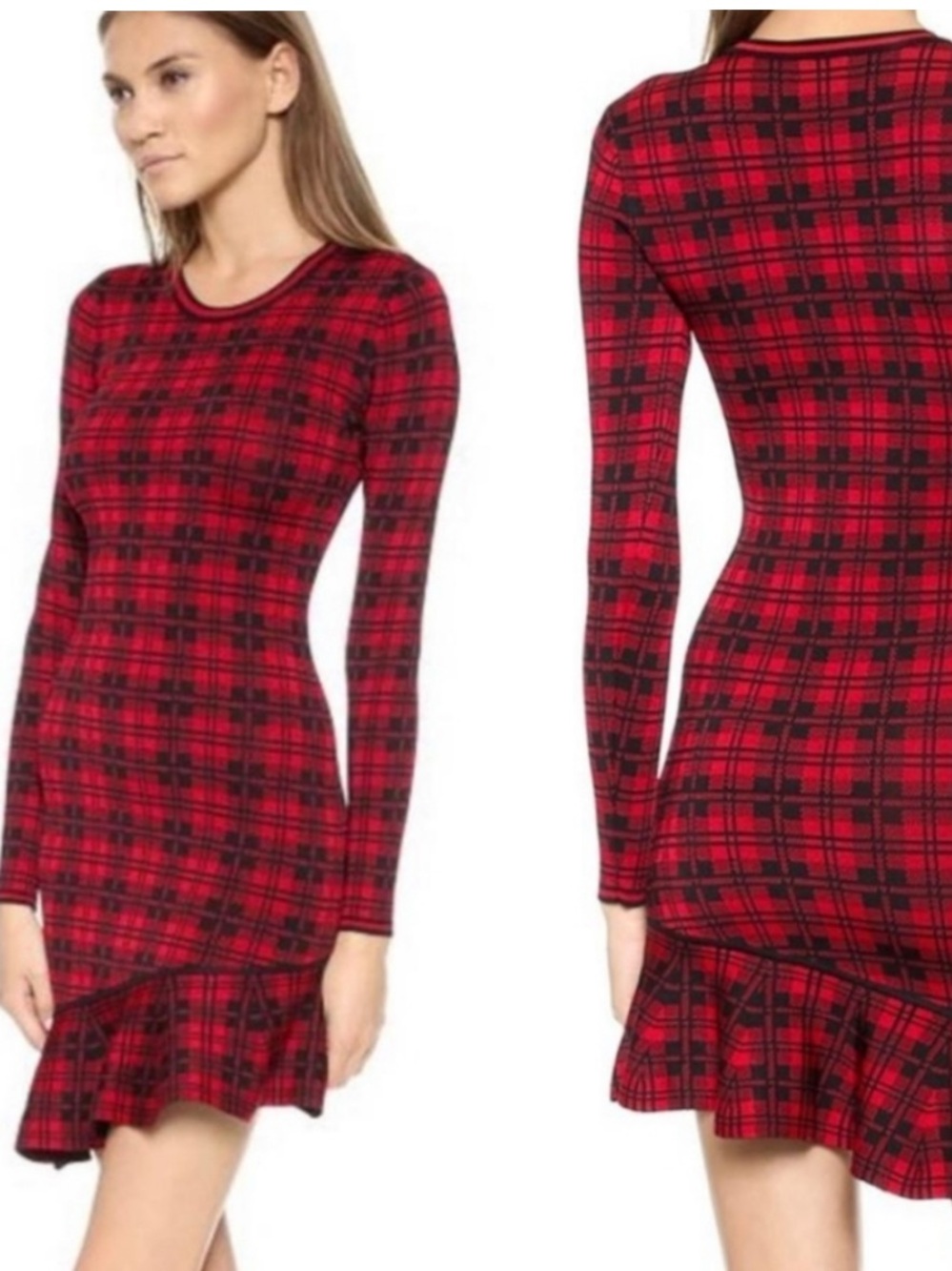 Torn by Ronny Kobo red plaid bodycon asymmetrical ruffled hem dress
